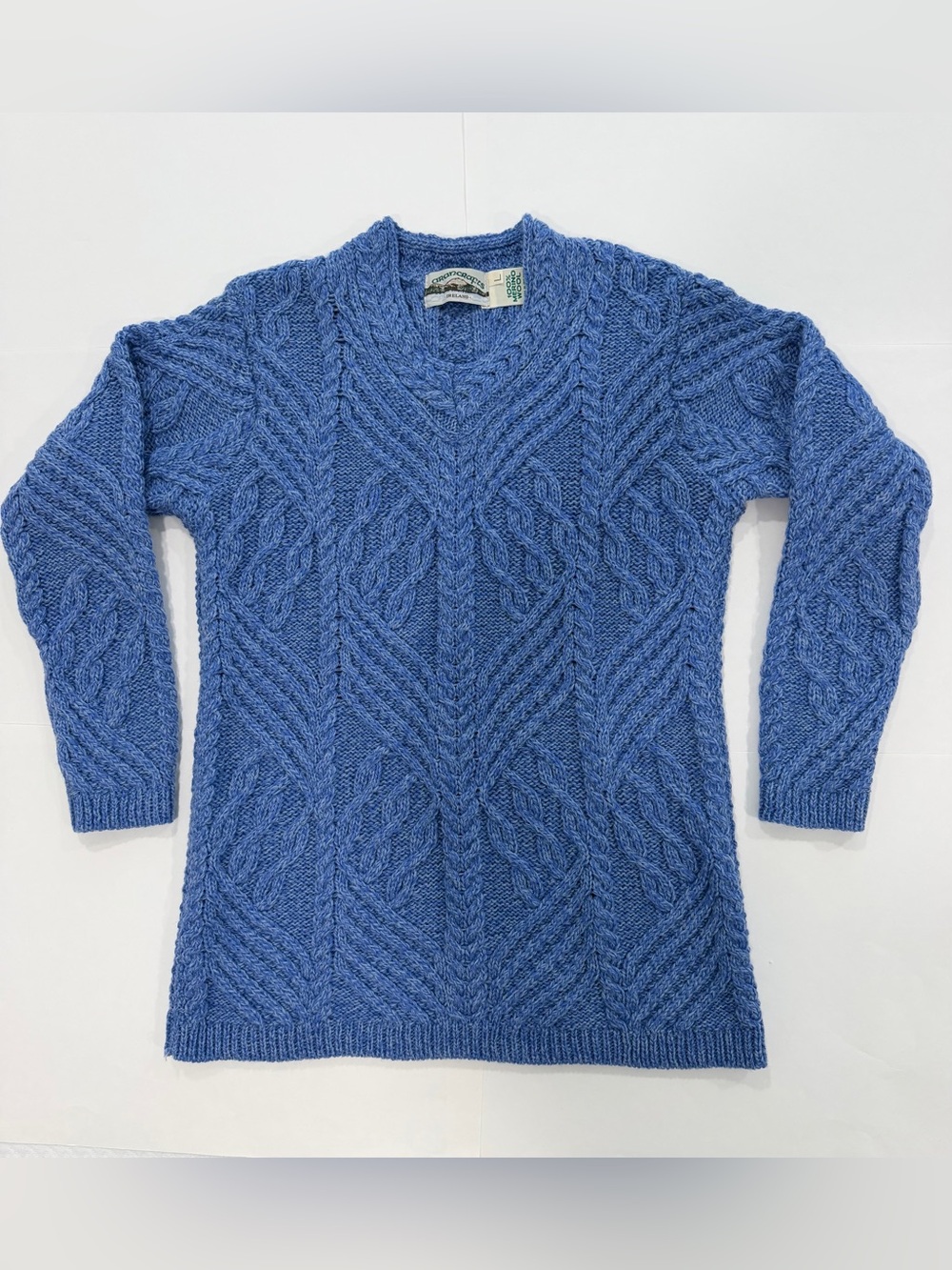 Vintage Aran Crafts 100% Merino Wool Blue Cable Fisherman Sweater Ireland (L)